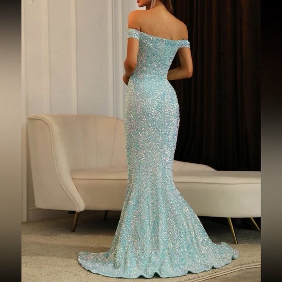 Luxe off shoulder slit thigh sequins party formal evening dress - Picture 3 of 6